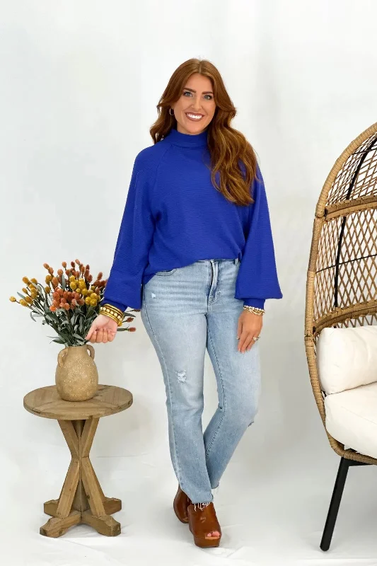 Mid - Week Surprise Royal Blue Mock Neck Solid Textured Knit Top