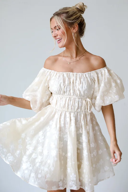 Feminine Elegant FINAL SALE - Garden Radiance Ivory Floral Puff Sleeve Mini Dress