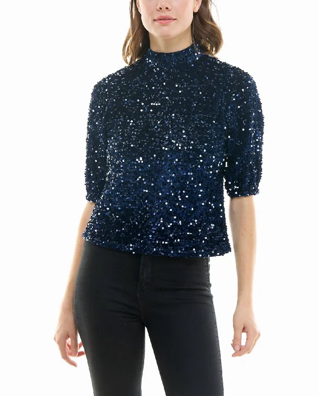 Limited Time Deal Ava Velvet Sequin Short Sleeve Top In Navy