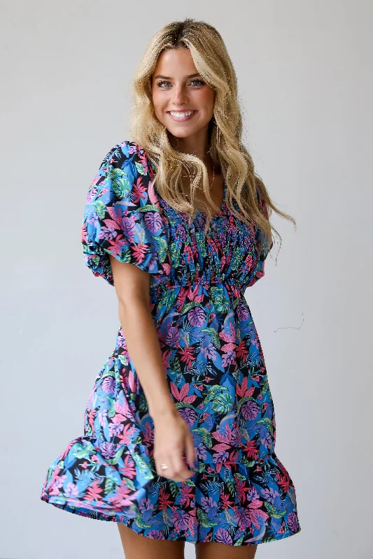 Premium Quality Garments FINAL SALE - Bahama Beauty Blue Leaf Print Mini Dress