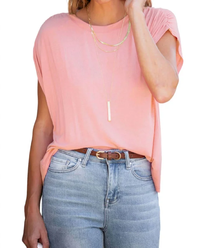 Summer Fashion Super Soft Casual Ruched Shoulder Tee In Light Peach