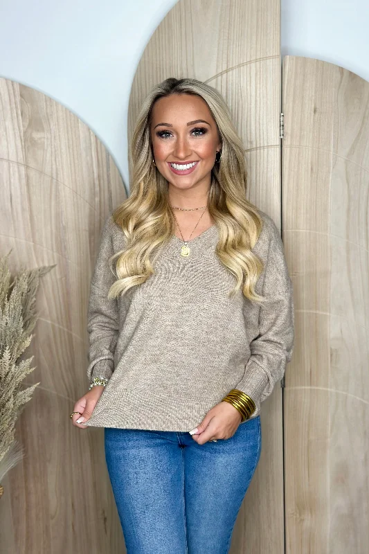 Alluring Design Light Taupe V-Neck Long Sleeve Sweater