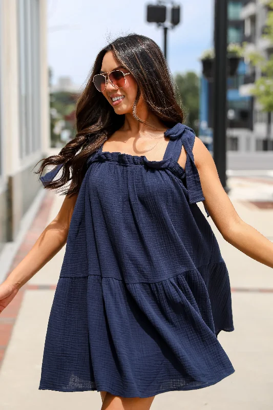 Chic Sophistication Precious Perspective Navy Linen Mini Dress