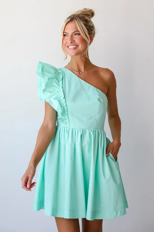 Effortless Style FINAL SALE - Charming Glamour Mint One-Shoulder Mini Dress