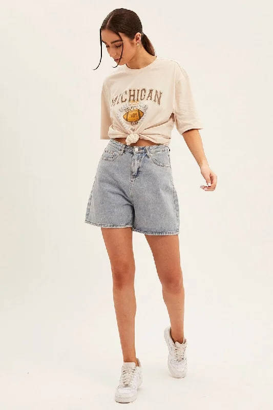 Holiday Glam Denim Mid Wash Mom Denim Shorts High Rise