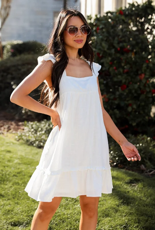 Limited Stock FINAL SALE - Fit To Frolic White Linen Mini Dress