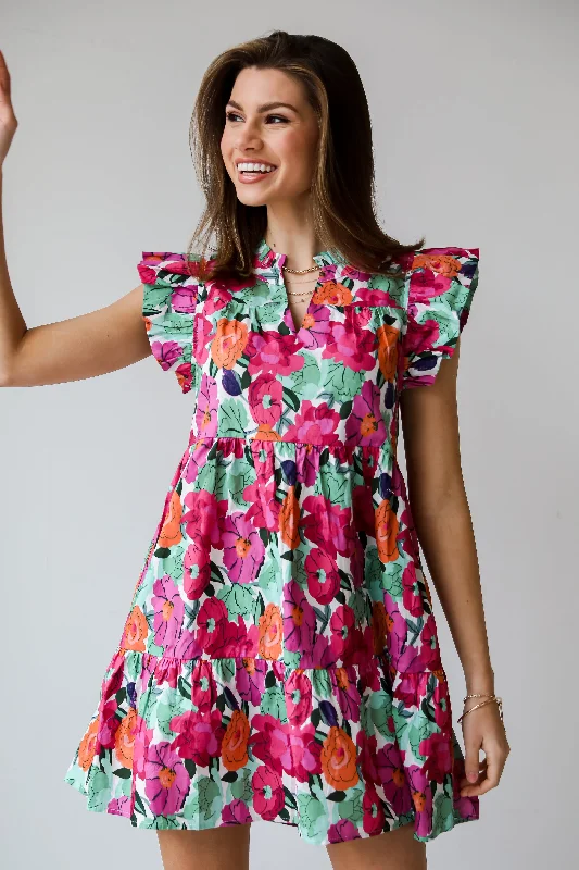 Mid - Week Surprise Precious Approach Fuchsia Floral Tiered Mini Dress