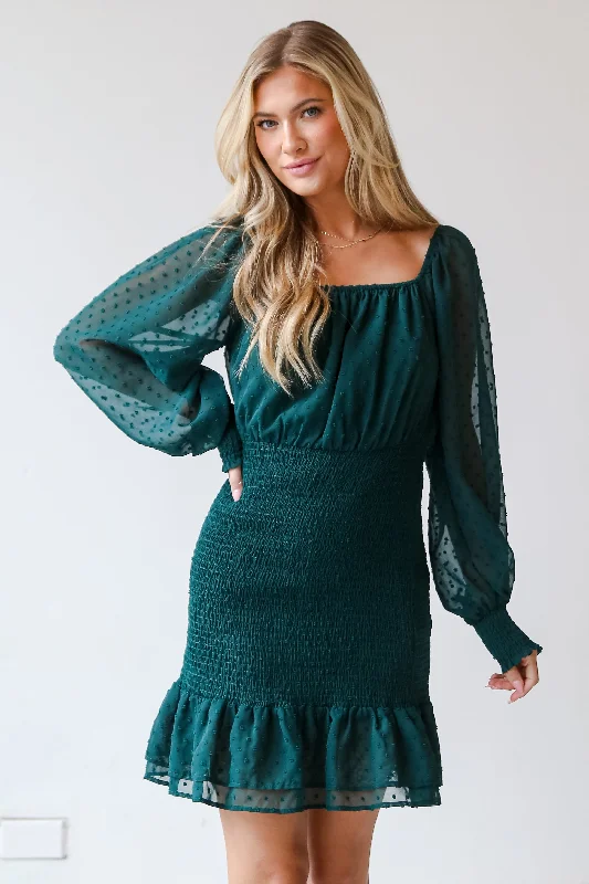 Latest Trends FINAL SALE - Dance The Night Away Hunter Green Smocked Swiss Dot Mini Dress