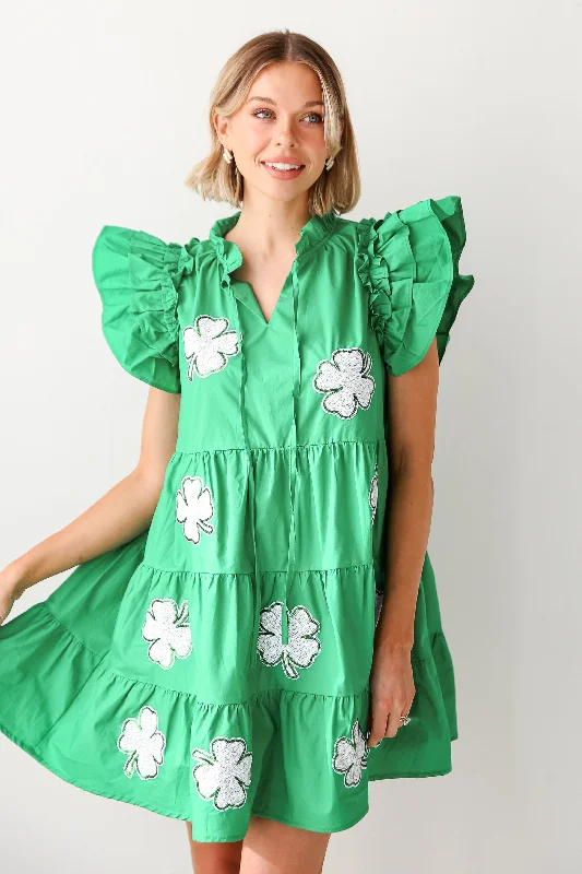 Limited Styles Pinch Proof Green Sequin Four Leaf Clover Tiered Mini Dress