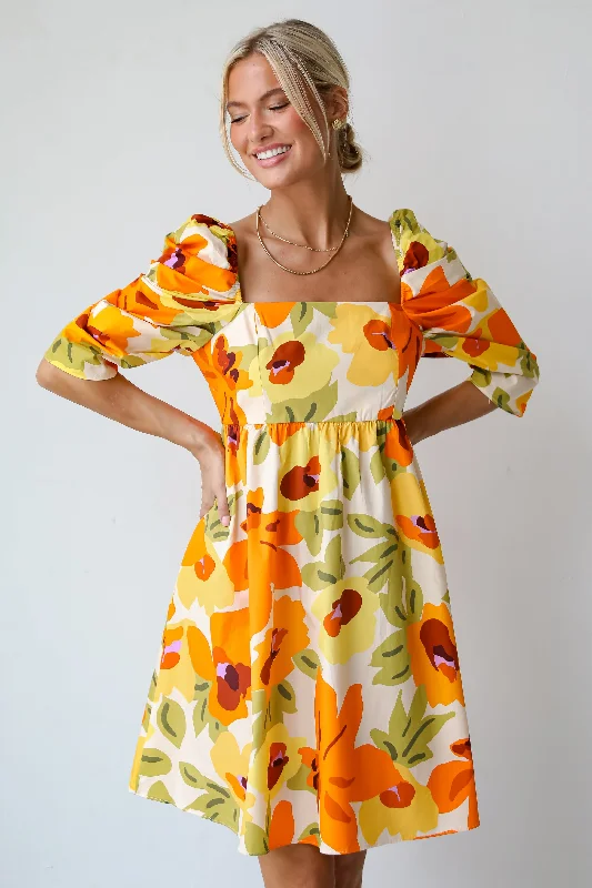 Comfort Centric Apparel FINAL SALE - Unique Blooms Orange Floral Babydoll Mini Dress