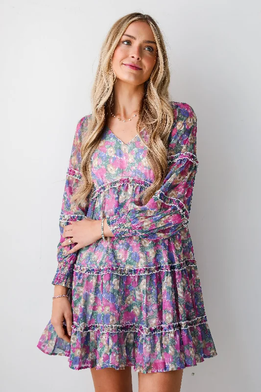 Coastal Beach - Inspired Style FINAL SALE - Delicate Excellence Magenta Floral Tiered Mini Dress