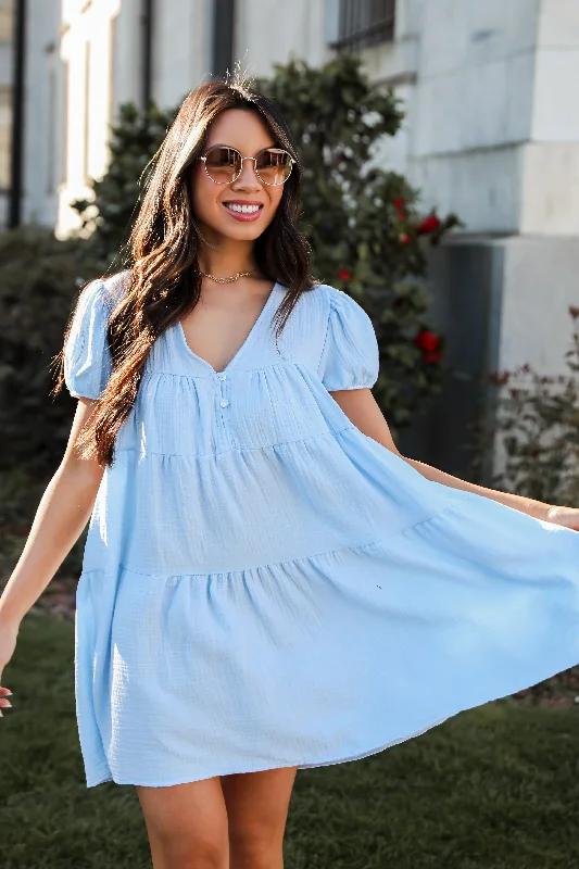 Flash Sale Beautiful Impression Light Blue Linen Mini Dress