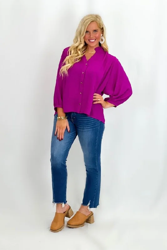 Hot Deals Magenta Ruffle Collar Button Down Top