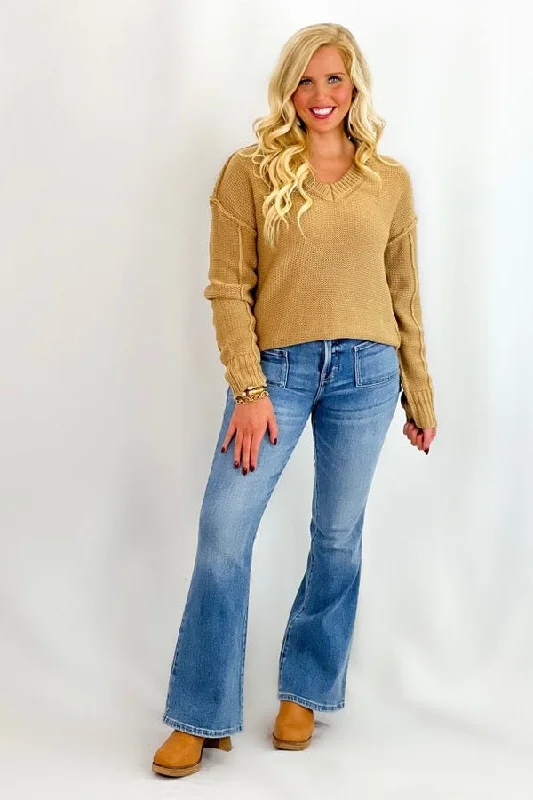 Fashion Essentials Mocha V-Neck Ribbed Hem Sweater