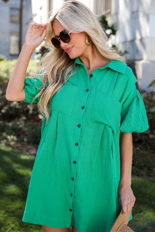 Charming Silhouette Infinitely Impressive Kelly Green Linen Mini Dress