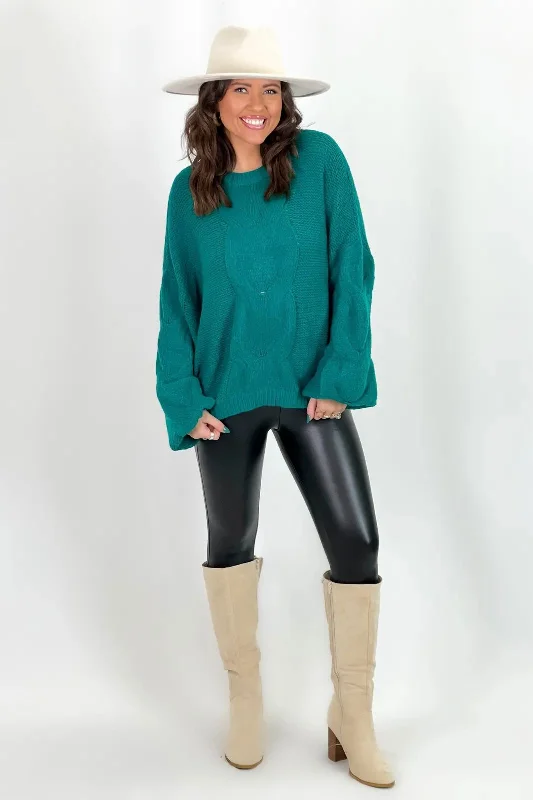 Style Versatile Women's Collection Teal Green Cable Knit Bell Sleeve Sweater