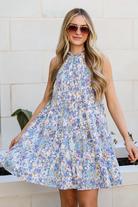 Nordic Minimalist Home Look FINAL SALE - Daytime Sweetie Blue Floral Tiered Mini Dress