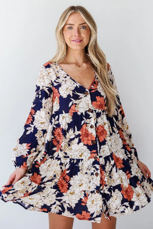 End Of Season Sale FINAL SALE - Blissful Poise Navy Floral Tiered Mini Dress