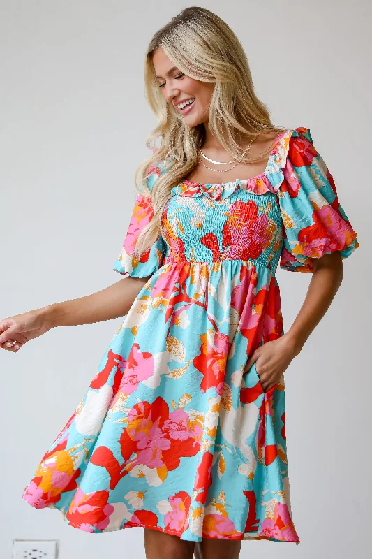 Premium Style FINAL SALE - Prettiest Approach Aqua Floral Mini Dress