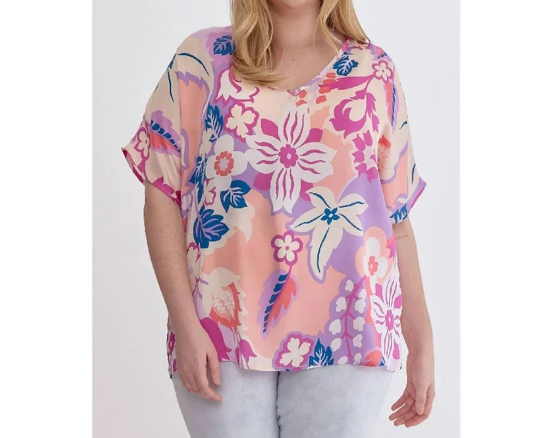 Limited Styles Floral Satin V-Neck Short Sleeve Top - Plus In Orchid