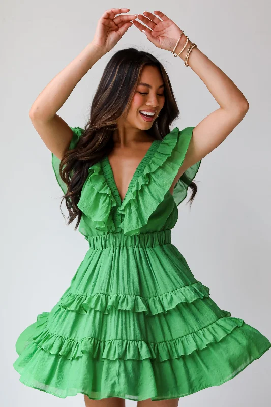 Holiday Glam FINAL SALE - Marvelous Time Green Ruffle Mini Dress