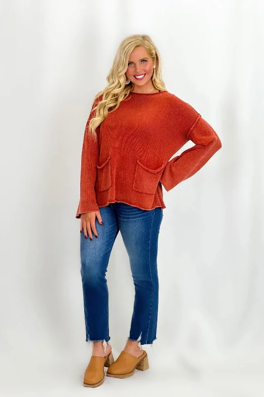 Huge Price Cut Brick Two Pocket Long Sleeve Knit Sweater