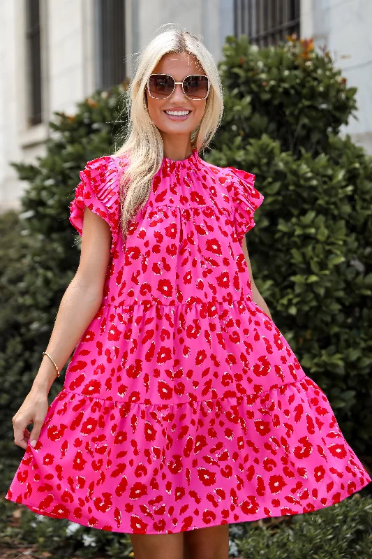 Mega Sale FINAL SALE - Latest Crush Hot Pink Leopard Tiered Mini Dress