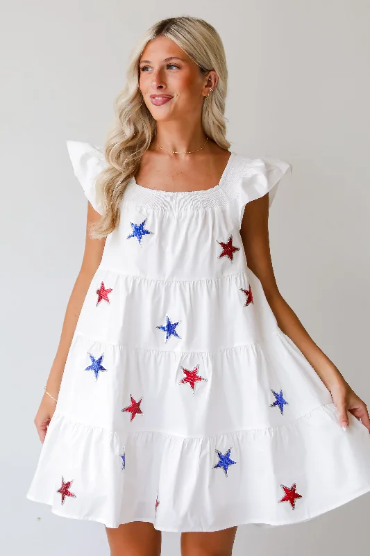 Fashion Forward FINAL SALE - Sensationally Precious White Sequin Star Tiered Mini Dress