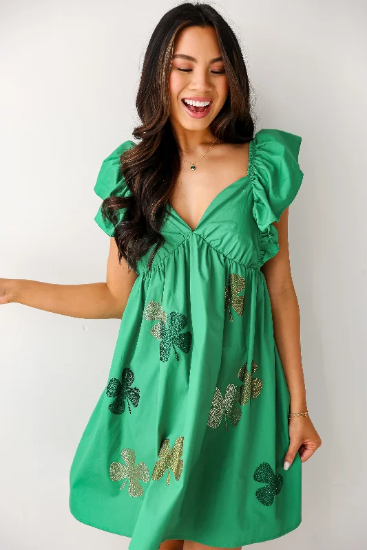 Seasonal Sale Feeling Lucky Green Rhinestone Four Leaf Clover Mini Dress