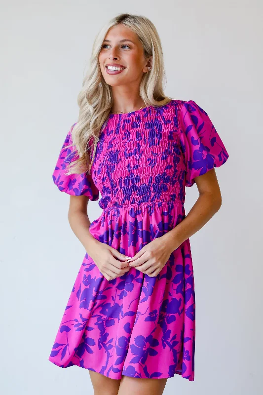 Elegant Styles FINAL SALE - Fancy Sweetness Magenta Floral Puff Sleeve Mini Dress