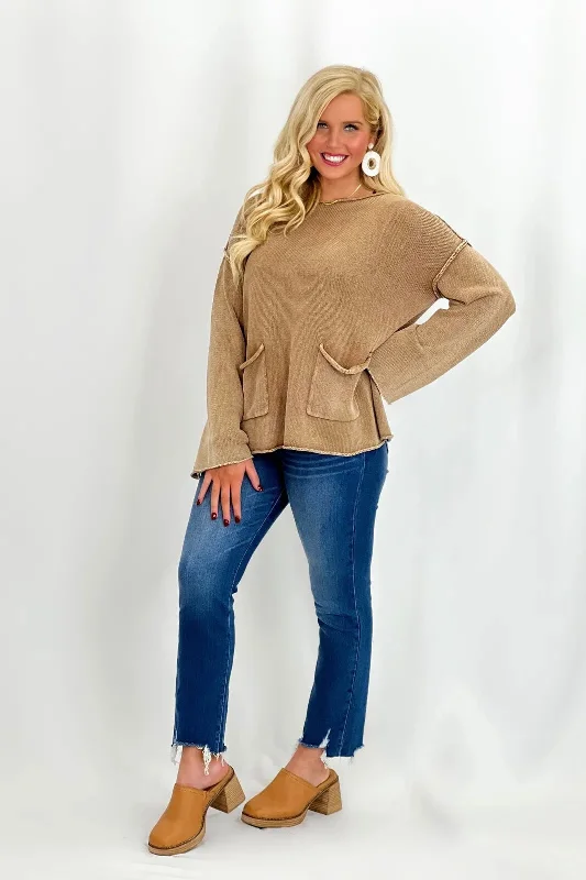 Hot Brand Discounts Latte Two Pocket Long Sleeve Knit Sweater