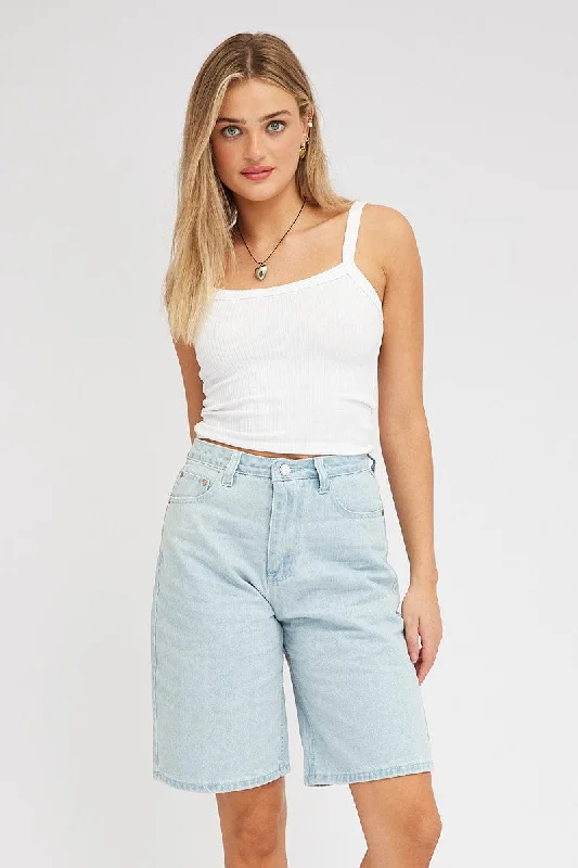 Contemporary Chic Blue Denim Knee Length Denim Shorts Relaxed