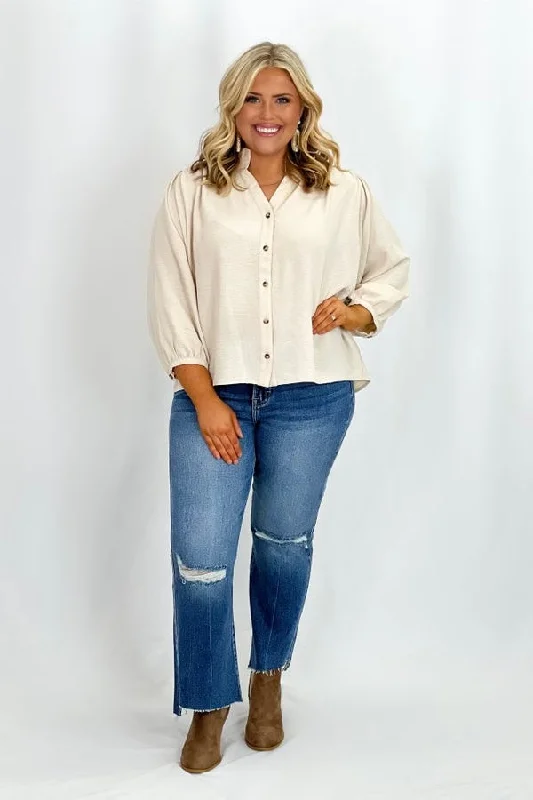 Special Offers Oatmeal Ruffle Collar Button Down Top