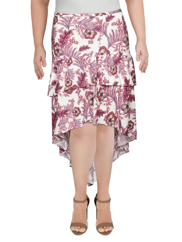 High End Designer Brands Discount Meagan Womens Floral Ruffled Midi Skirt