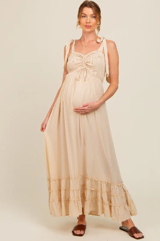 All Season Basics Discount Beige Sweetheart Neck Smocked Shoulder Tie Maternity Maxi Dress