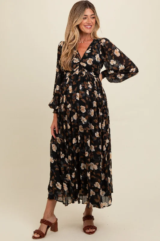 Style Redefined Black Floral Chiffon Twist Front Wrap Maternity Maxi Dress