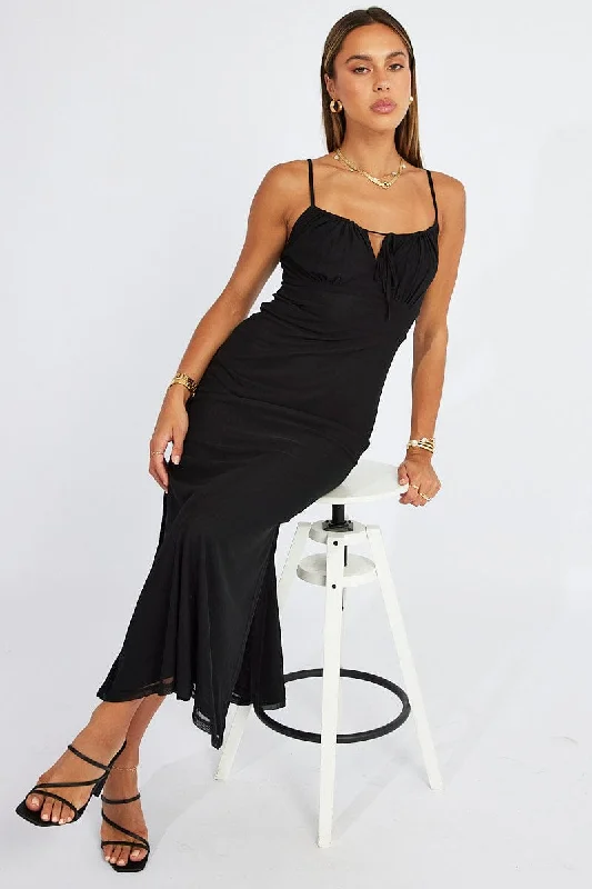 Special Offers Black Midi Dress Gathered Bust Strappy Mesh