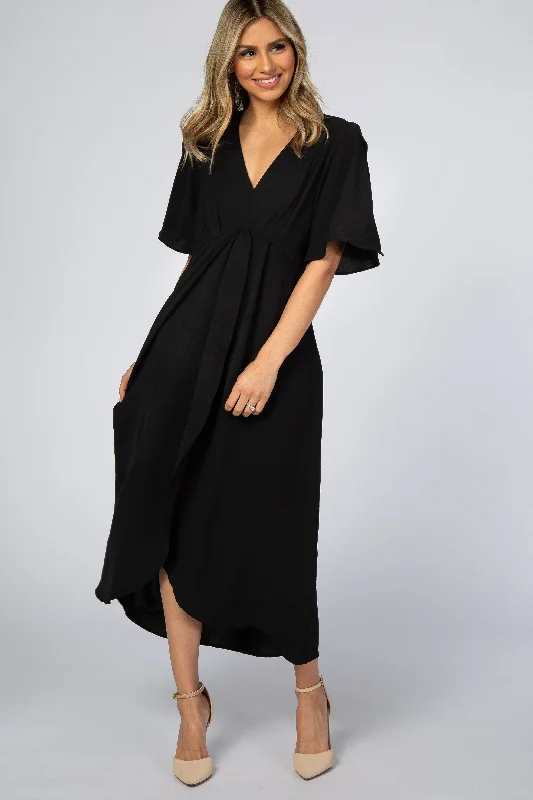 Summer Deals Black Open Sleeve Wrap Midi Dress