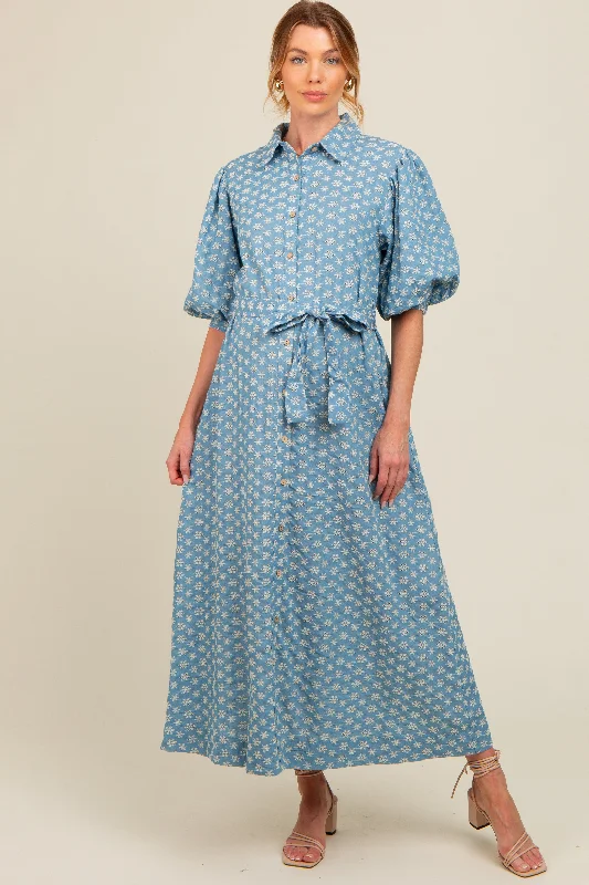 Rustic Countryside Charm Look Blue Floral Embroidered Button Down Chambray Maternity Maxi Dress