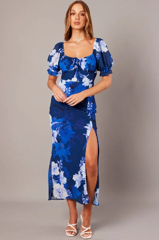 Charming Silhouette Blue Floral Midi Dress Puff Sleeve