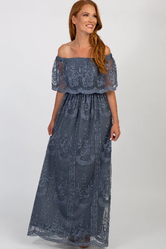 Break Fashion Norms Blue Lace Mesh Overlay Off Shoulder Maxi Dress