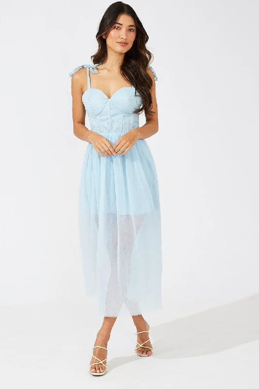 Flash Sale Blue Midi Dress Tulle Corset Detail Occasion Dress