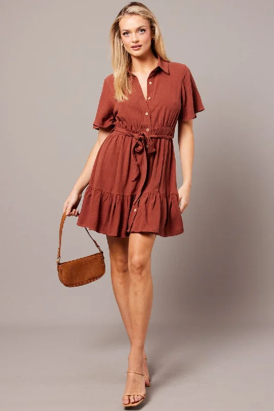 Feminine Charm Brown Fit And Flare Dress Wing Sleeve