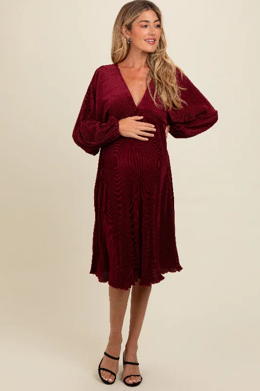 Wardrobe Essentials Burgundy Pleated Deep V-Neck Maternity Midi Dress