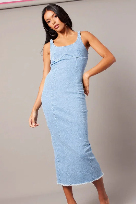 Fashion Forward Denim Midi Dress Sleeveless Denim