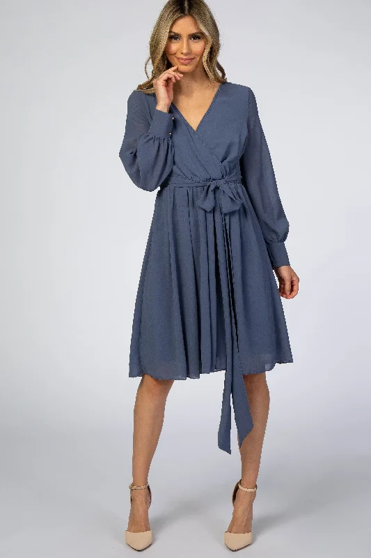 Fashion Forward Dusty Blue Chiffon Wrap Dress