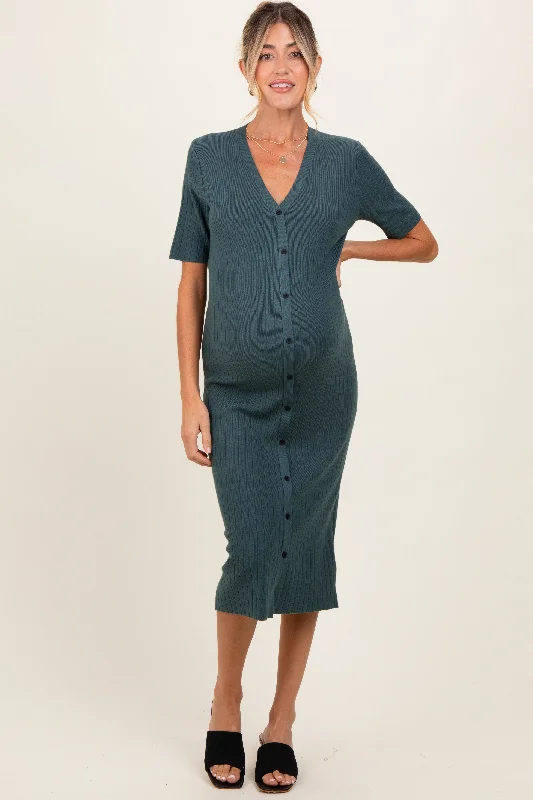 Budget Friendly Forest Green Button Down Maternity Sweater Midi Dress