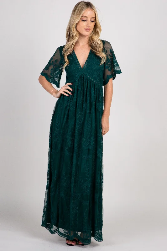 Exclusive Discount Forest Green Lace Mesh Overlay Maxi Dress