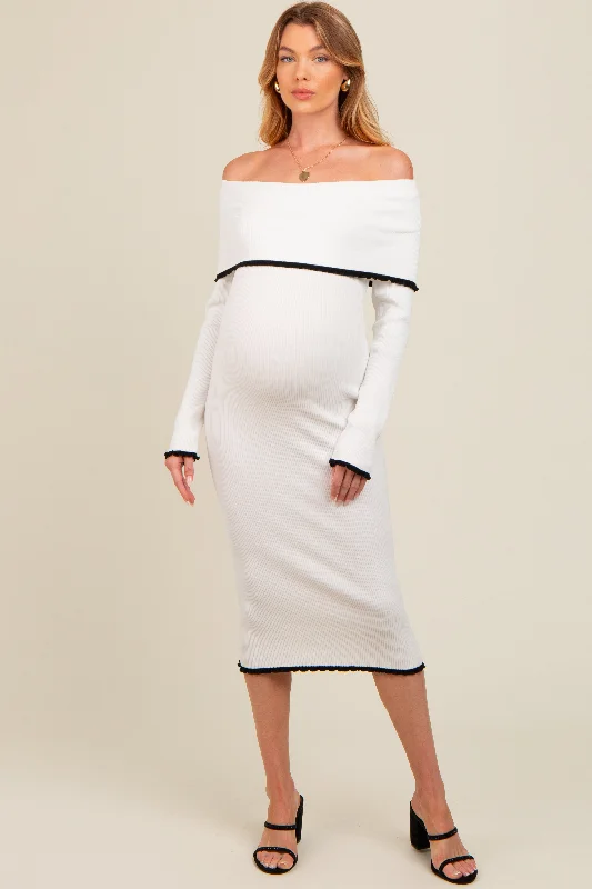 Artful Design Ivory Knit Off Shoulder Contrast Ruffle Trim Maternity Dress