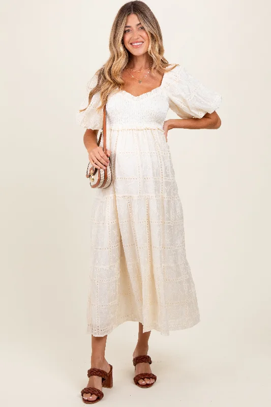 Women's Fashion Hotspots Ivory Smocked Puff Sleeve Maternity Maxi Dress